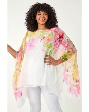 Roman Curve Floral Sparkle Hanky Hem Top - White