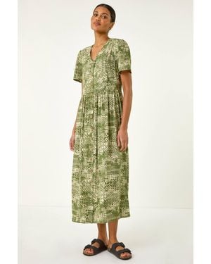 Roman Geo Print Button Midi Dress - Green