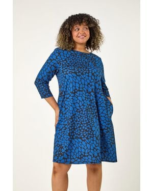 Roman Curve Abstract Print Stretch Swing Dress - Blue
