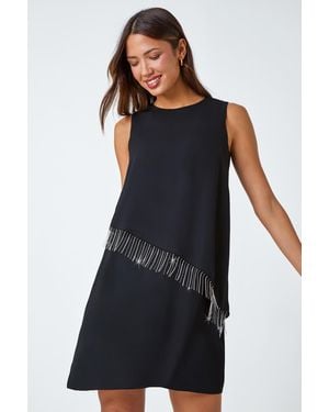 Roman Diamante Trim Asymmetric Overlay Dress - Blue