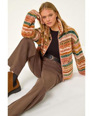 Roman Aztec Print Sherpa Fleece Jacket - Brown