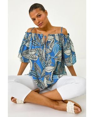 Roman Leaf Print Cold Shoulder Bardot Top - Blue
