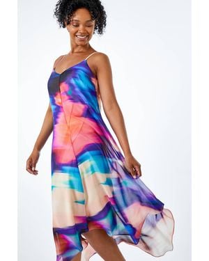 Roman Petite Tie Dye Chiffon Hanky Hem Dress - Blue