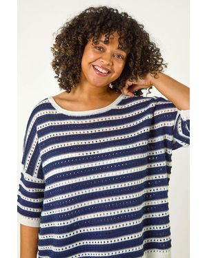 Roman Curve Crochet Stripe Knit Top - Blue