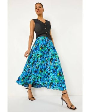 Roman Abstract Print Pleated Skirt - Blue