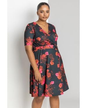 Roman Curve Floral Print Wrap Dress - Red