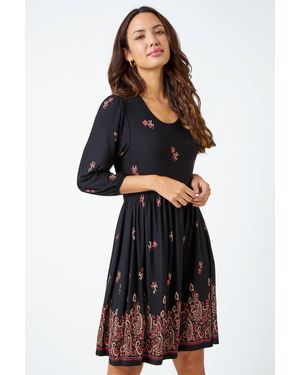 Roman Paisley Border Print Stretch Dress - Black