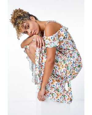 Roman Petite Floral Print Cold Shoulder Midi Dress - White