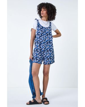 Roman Floral Cotton Linen Blend Playsuit - Blue
