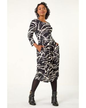 Roman Petite Linear Print Button Stretch Midi Dress - Black