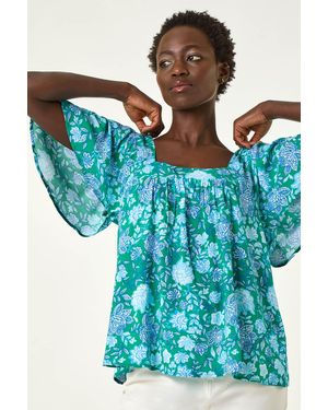 Roman Floral Print Square Neck Top - Blue