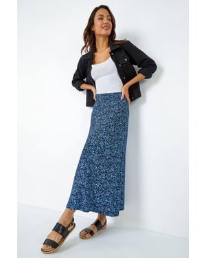 Roman Ditsy Floral Elastic Waist A Line Midi Skirt - Blue