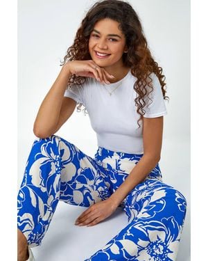 Roman Floral Print Elastic Waist Wide Leg Trousers - White