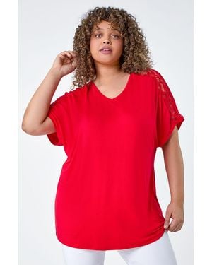 Roman Curve Lace Shoulder Stretch Jersey T-Shirt - Red