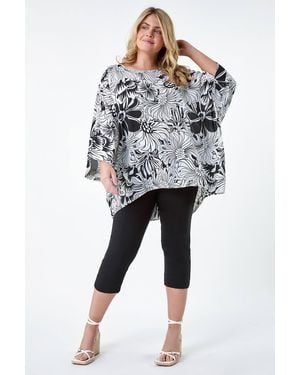 Roman Curve Floral Print Dipped Hem Top - Blue