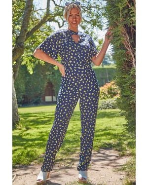 Roman Spot Print Keyhole Jumpsuit - Blue
