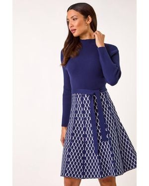 Roman Contrast Skirt Ribbed Jumper Dress - Blue