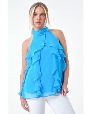 Roman Petite Halter Neck Frill Top - Blue