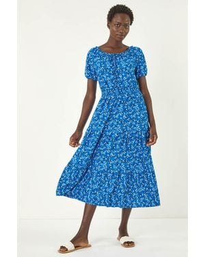 Roman Ditsy Print Frill Stretch Midi Dress - Blue