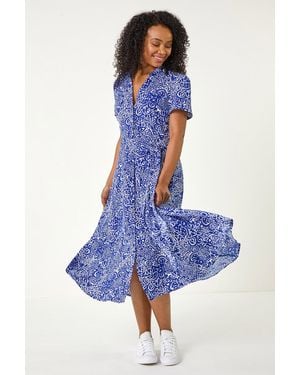 Roman Petite Abstract Print Button Shirt Dress - Blue