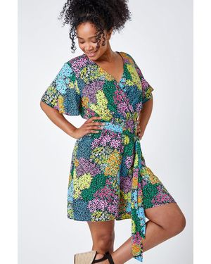 Roman Petite Ditsy Floral Belted Wrap Playsuit - Blue