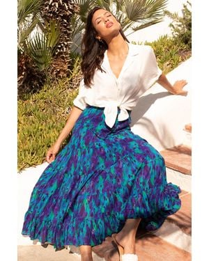 Roman Feather Print Tiered Cotton Maxi Skirt - Blue