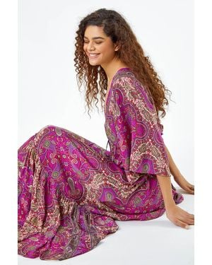Roman Paisley Print Boho Maxi Dress - Pink