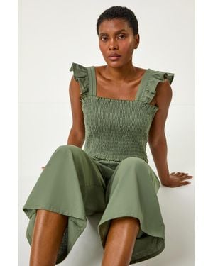 Roman Cotton Linen Blend Frill Jumpsuit - Green