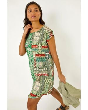 Roman Paisley Print Smocked T-Shirt Dress - Green