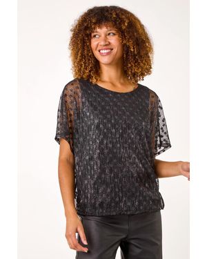 Roman Dobby Print Plisse Bubble Hem Top - Black