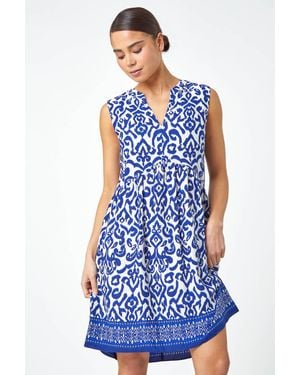 Roman Petite Sleeveless Aztec Print Tunic Dress - Blue