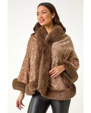 Roman Embellished Faux Fur Trim Cape - Natural