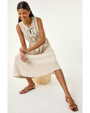 Roman Pinstripe Bow Detail Midi Dress - Natural