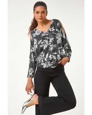 Roman Sparkle Foil Blouson Stretch Top - Metallic