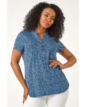 Roman Petite Floral Print V-Neck Stretch Top - Blue