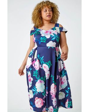 Roman Curve Premium Stretch Floral Dress - Blue