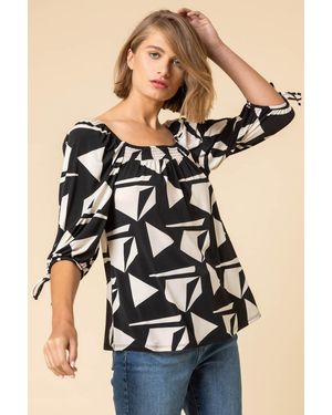 Roman Geo Print Square Neck Top - Black