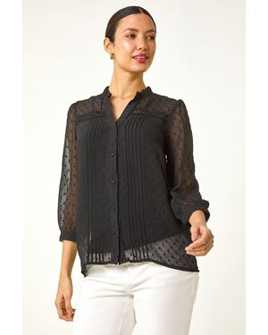 Roman Dobby Lace Front Pleated Blouse - Black
