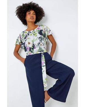Roman Floral Print Contrast Jumpsuit - Blue