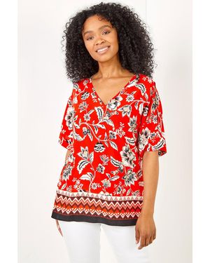 Roman Petite Floral Print Cold Shoulder Top - Red