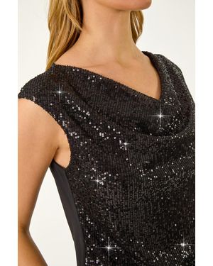 Roman Sequin Cowl Neck Jersey Top - Black