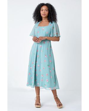 Roman Petite Floral Square Neck Midi Dress - Blue