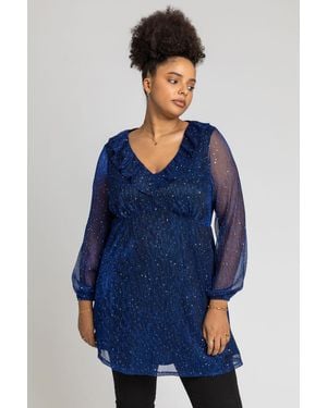 Roman Curve Metallic Plisse Frill Neck Tunic Top - Blue