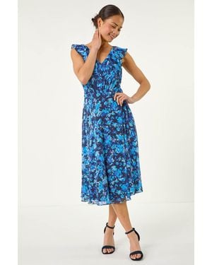 Roman Petite Floral Print Frill Front Midi Dress - Blue