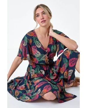 D.u.s.k Leaf Print Button Detail Dress - Blue