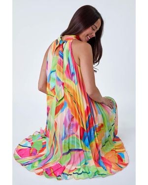 Roman Petite Tropical Halter Neck Pleated Dress - White