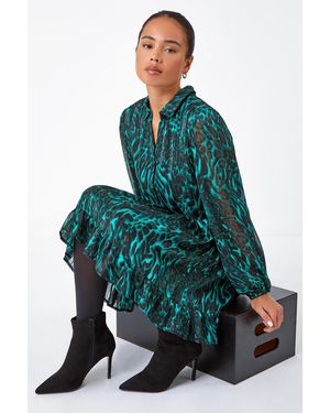 Roman Petite Animal Print Frill Hem Dress - Green