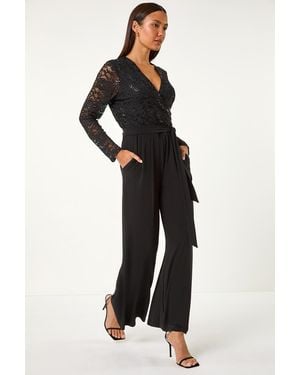 Roman Sequin Lace V-Neck Stretch Jumpsuit - Black
