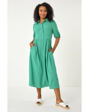 Roman Petite Geometric Button Collar Dress - Green