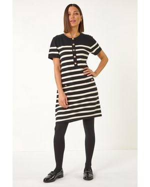 Roman Stripe Button A-Line Knit Dress - Black